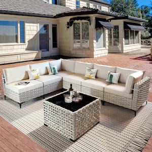 Taurus 7-Piece Wicker Outdoor Sectional Set with Beige Cushions