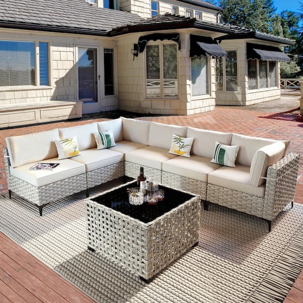 XIZZI Apollo 7-Piece Wicker Outdoor Patio Conversation Seating Set with Beige Cushions