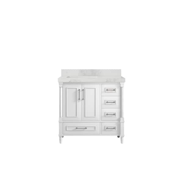 Willow Collections Hudson 36 in. W x 22 in. D x 36 in. H Left Offset Sink Bath Vanity in White with 2 in. Calacatta Nuvo Quartz Top