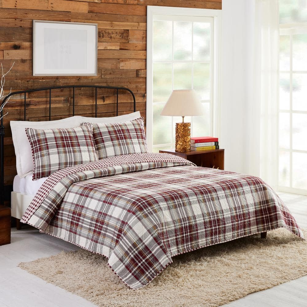 Camden Gray and Red Cotton Plaid Full Quilt Set