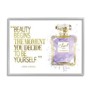 Beauty Begins Designer Quote Purple Glam Perfume Bottle by Amanda Greenwood Framed Typography Art Print 14 in. x 11 in.