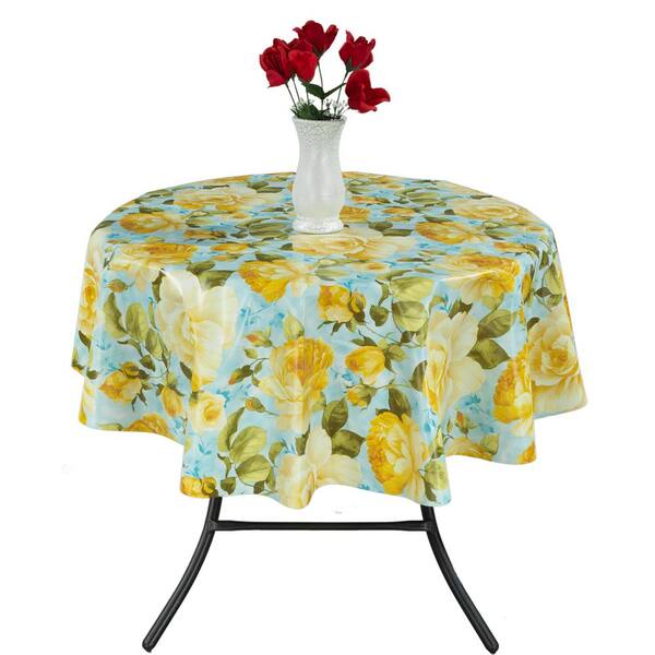 Ottomanson 55 in. Round Indoor and Outdoor Yellow Rose Design Tablecloth for Dining Table