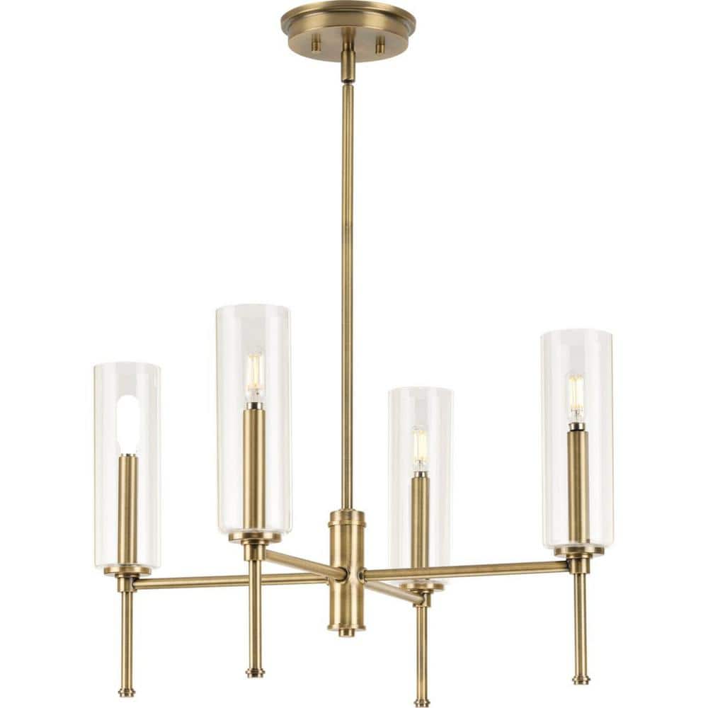 Elara Vintage Brass 4-Light Chandelier with Clear Glass Shades