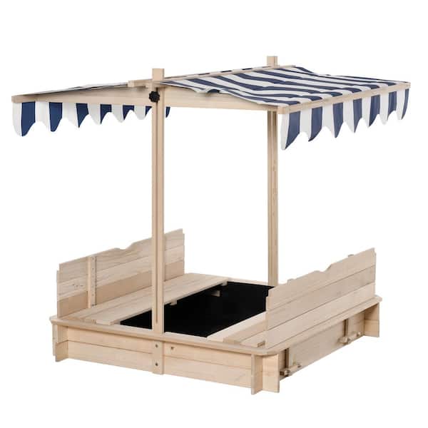 3.5 ft. W x 3.5 ft. L Wooden Kids Outdoor Sandbox with Cover, Foldable Bench Seats, Blue Adjustable Canopy, Bottom Liner