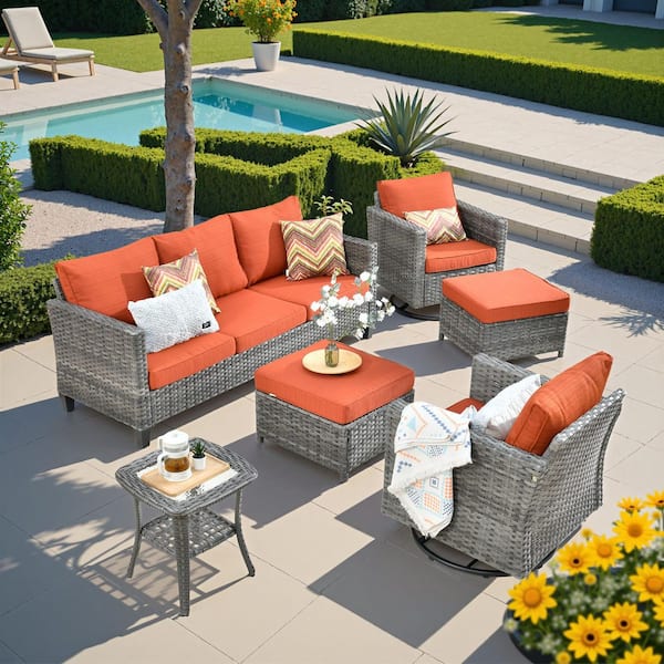 Camden 7-Piece Gray Wicker Patio Conversation Set Outdoor Patio Furniture with Orange Red Cushion and Swivel Chair
