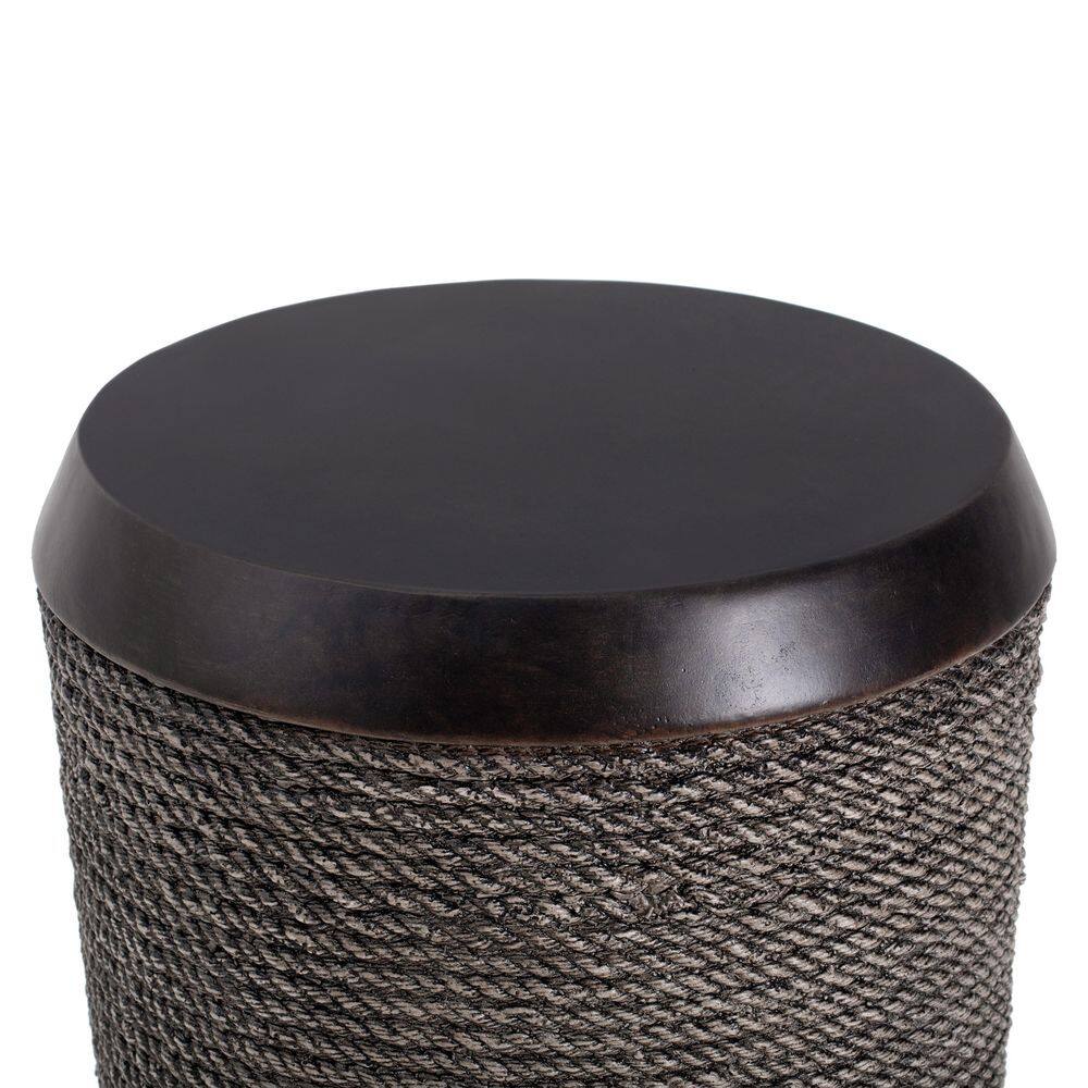 Dark brown round side table top with braided cord.