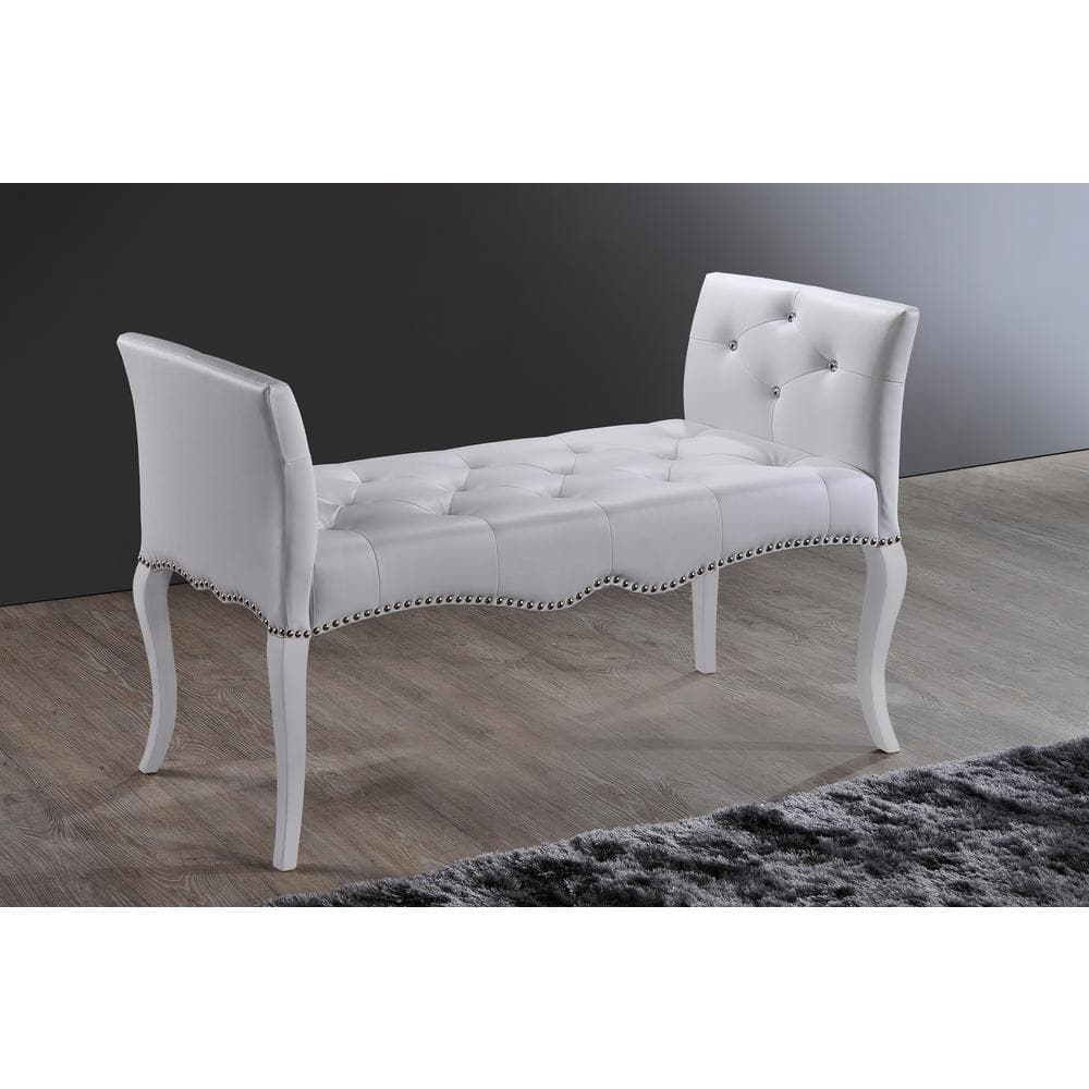 Kristy White Faux Leather Bench with Silver Nail Heads