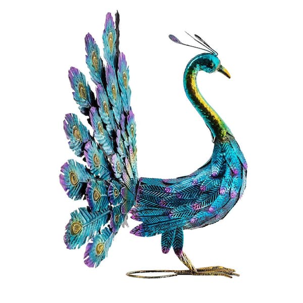 23 in. Tall Outdoor Metallic Peacock Tail Spread Yard Statue Decoration, Multicolor