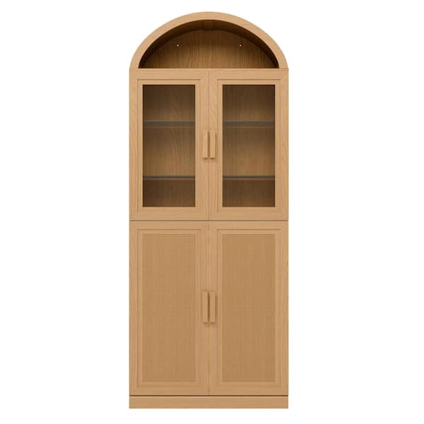 Arched 76 in. Tall Natural Kitchen Pantry Cabinet with Glass and Rattan Doors and Adjustable Shelves