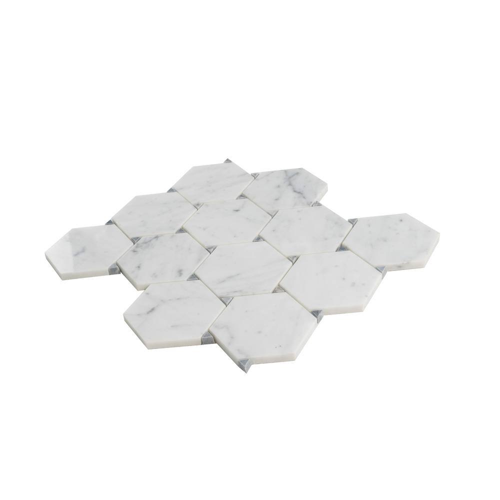 Athens White and Gray Polished Marble Hexagon Mosaic Tile