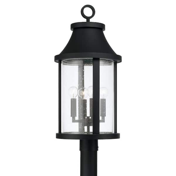 Bridger 4-Light Black Metal Hardwired Outdoor Weather Resistant Post Light Lantern Seeded Glass with No Bulbs Included