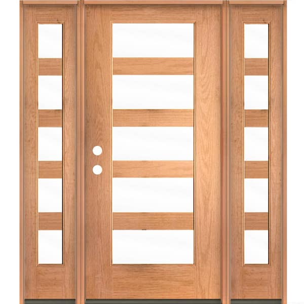 Krosswood Doors ASCEND Modern 64 in. x 80 in. 5-Lite Right-Hand/Inswing Clear Glass Teak Stain Fiberglass Prehung Front Door with DSL