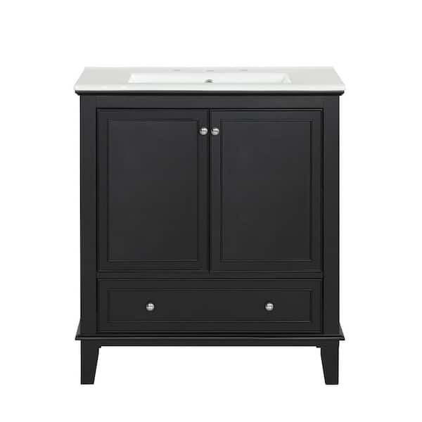 30 in. Solid Wood Frame Bath Vanity in Black with White Ceramic Top, Door and Drawers
