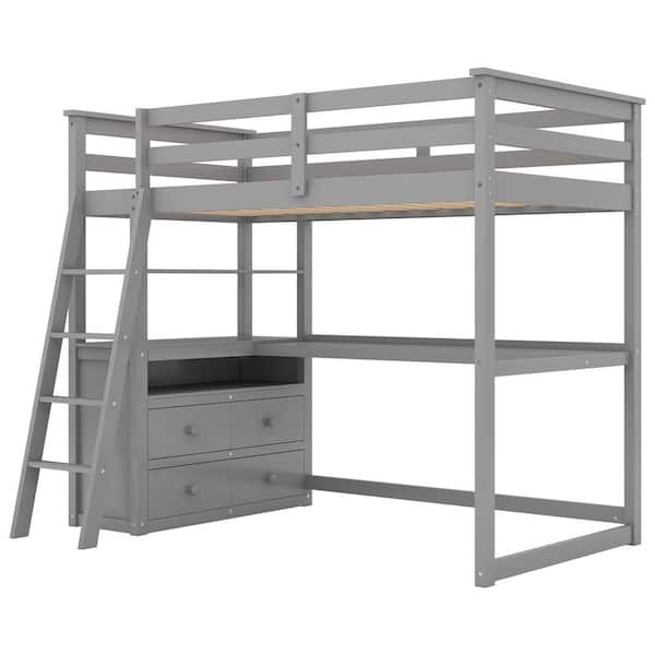 Gosalmon Gray Twin Size Loft Bed With Desk And Shelves Two Built In Drawers Gxnyyaae1 The Home Depot
