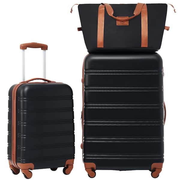 Xzkai 3-Piece Black Brown Spinner Wheels Luggage Set with Handbag