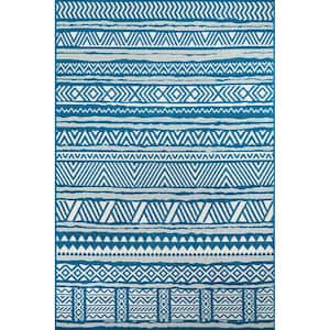 Abbey Tribal Striped Teal 5 ft. x 8 ft. Indoor/Outdoor Area Rug