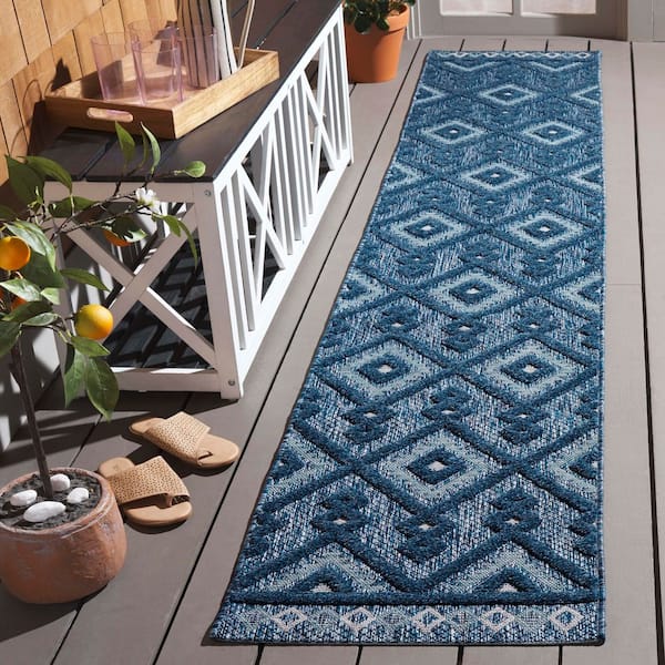 Santorini Navy/Ivory 2 ft. x 10 ft. High-Low Geometric Indoor/Outdoor Runner Rug