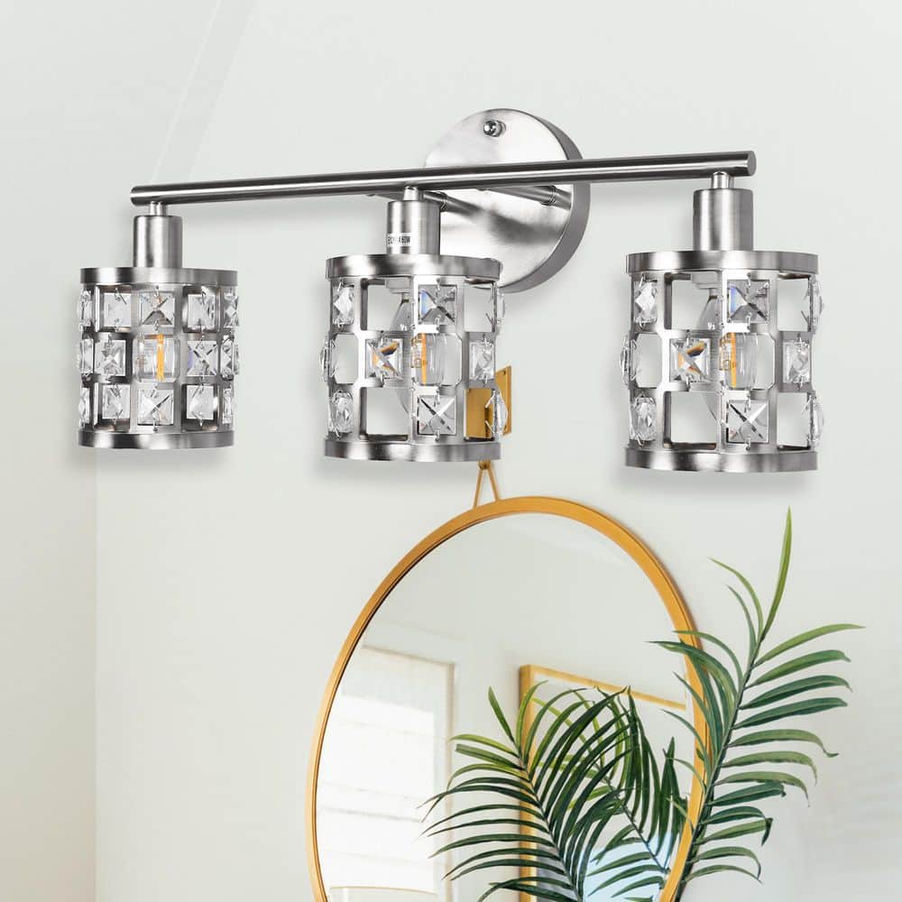 19.88 in. 3-Light Brushed Nickel Modern Industrial Bathroom Vanity Light Over Mirror with Crystal Shade price history on PriceWatchPro