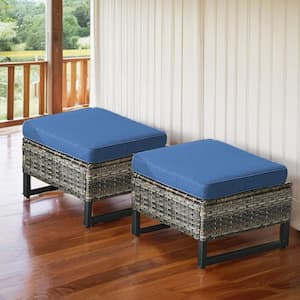 Valenta Gray Wicker Outdoor Ottoman with Blue Cushions (Set Of 2)