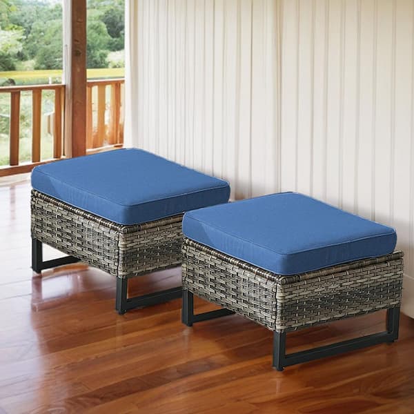 Gymojoy Valenta Gray Wicker Outdoor Ottoman with Blue Cushions (Set Of 2)