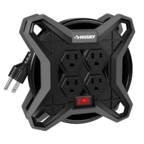 Husky 15 ft. Extension Cord Reel with 4 Outlets, Black