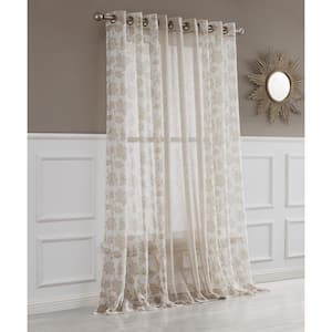Victoria Beige Linen Look Boho Floral, 1 Solid Panel and 2 Floral Designed (Set of 3) Curtain Panels 38"W in x 84"L in