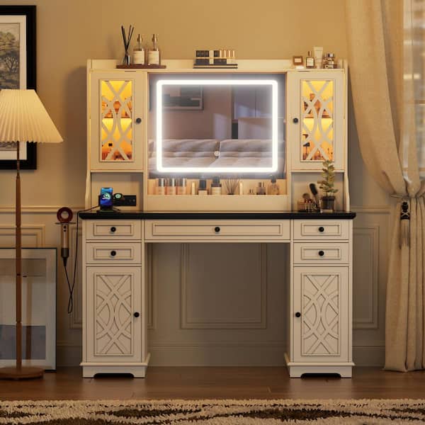 White Vanity Desk, Makeup Vanity w/ LED Mirror, Power Outl, Makeup Table With 5-Drawers, Large Shelves, 3-Lighting Modes