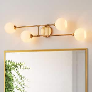 4-Light Antique Brass Wall Sconce with Frosted Opal Ribbed Glass Shade