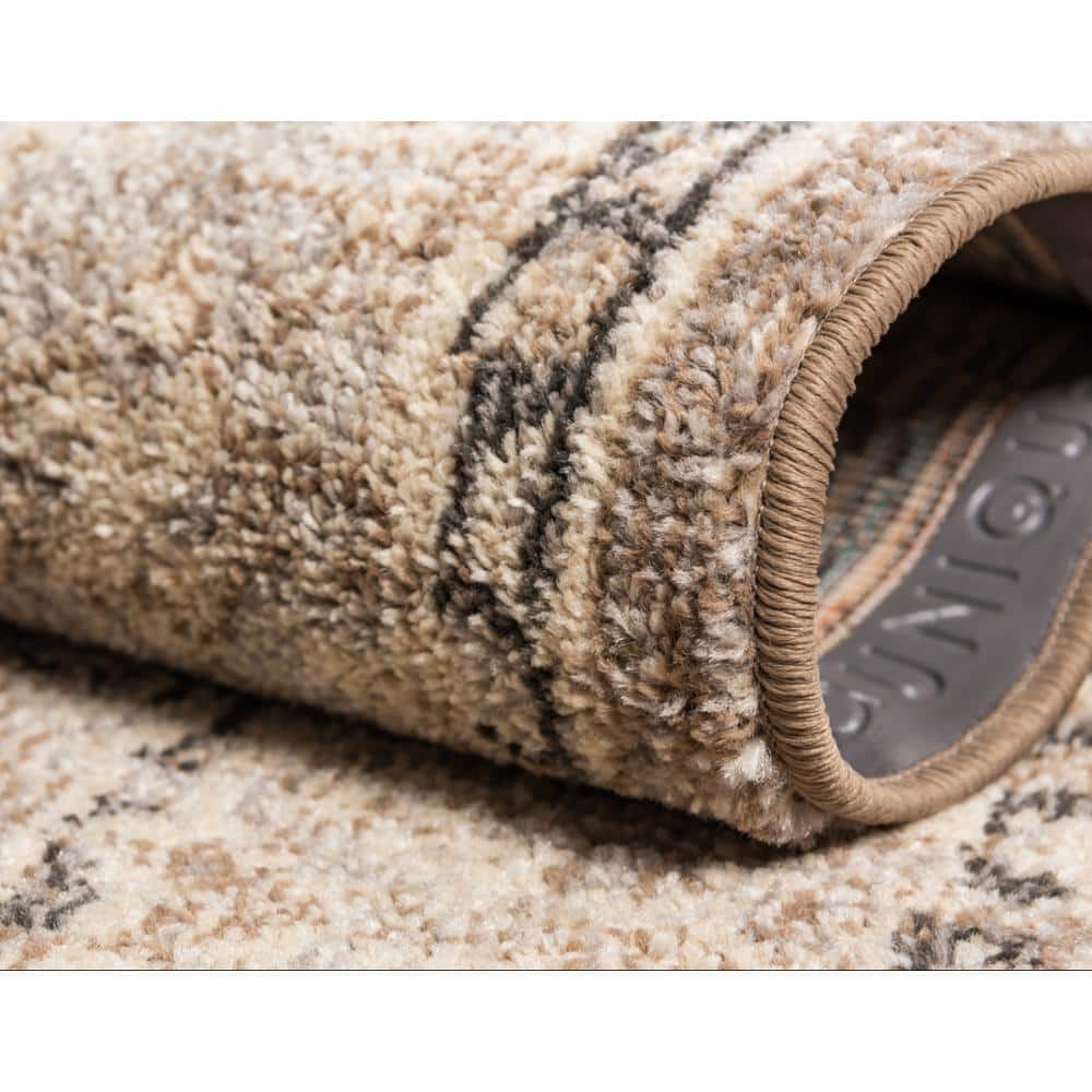 8' Square Light Brown Floral Synthetic Rug