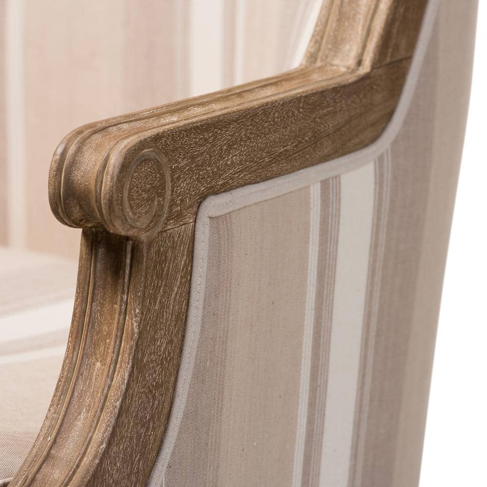 Classic French Oak Accent Chair with Brown Striped Cushion
