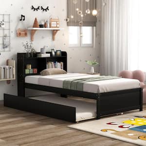 Espresso Wood Frame Twin Platform Bed with Trundle Bed, Bookcase Bed for Kids/Teens/Adults Bedroom