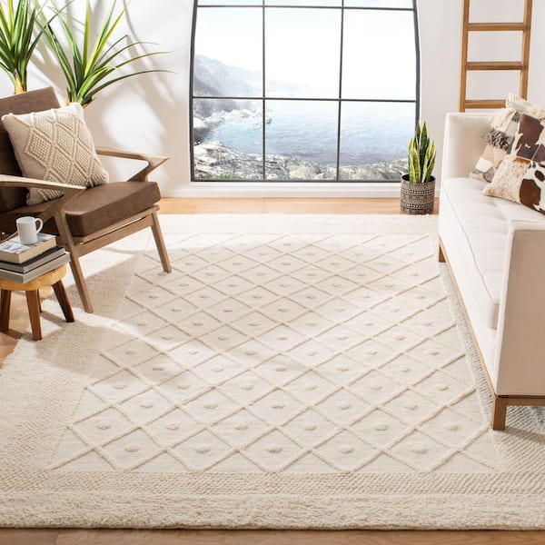 Kenya Ivory 9 ft. x 12 ft. High-Low Border Trellis Solid Color Area Rug