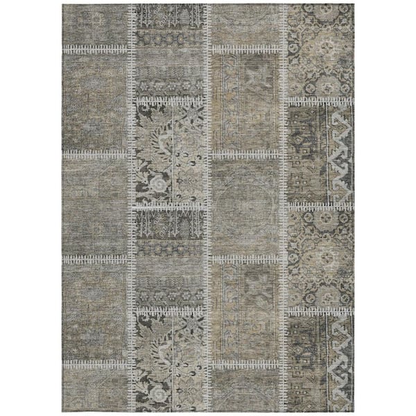 Taupe, Beige, Tan 5 ft. x 8 ft. Woven Plaid Polyester Rectangle Indoor/Outdoor Area Rug