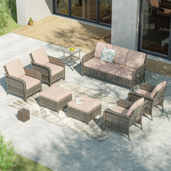 8-Piecess Patio Conversation Set Wide Armrests Patio Sofa with Side Table Set Gray Wicker with Sand Cushion