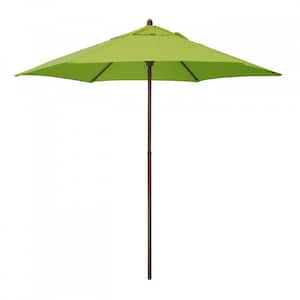 9 ft. Wood-Grain Steel Push Lift Market Patio Umbrella in Polyester Lime Green Fabric