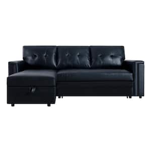 54 in. Reversible Sleeper Air Faux Leather Rolled Arm Sectional Sofa with Storage and USB Ports in Black