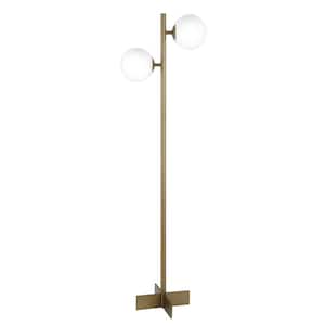 70 in. Gold and White 2-Light Tree Floor Lamp with White Frosted Glass Globe Shade