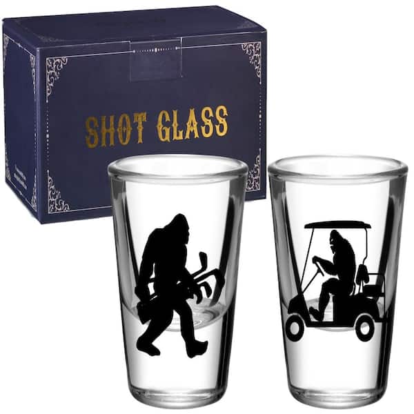 Golf Bigfoot Shot Glass Set of 2, 1.5 oz Lead-Free Shimmering Glass with Heavy Base, Golf Theme Barware