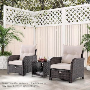 Mix Brown 5-Piece Metal Plastic Wicker Patio Conversation Set with Beige