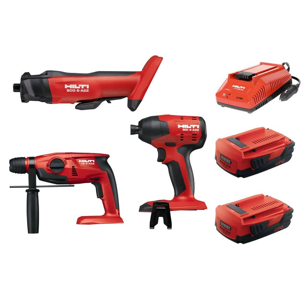 Hilti 22V Lithium Ion Cordless Brushless SCO 6 Cut Out 3 Tool Combo Kit w Rotary Hammer Impact Driver Batteries and Charger 3585925 The Home Depot