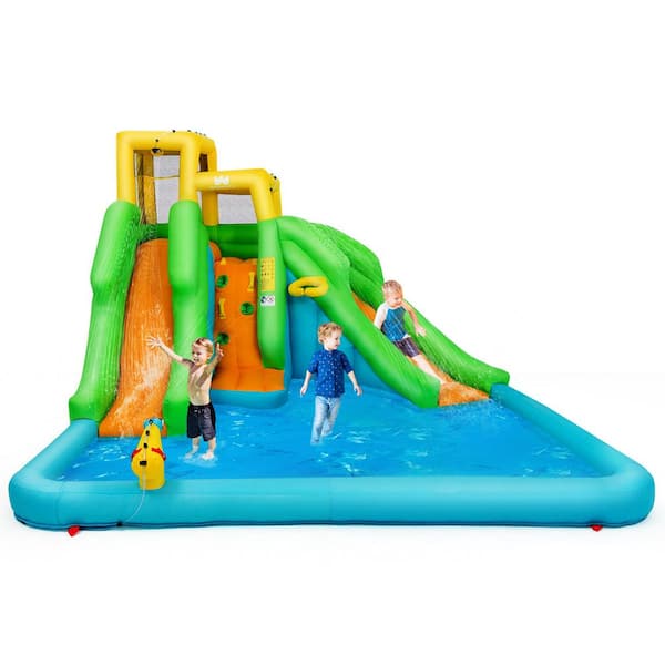 Inflatable Water Park Bounce House with Climbing Wall 2-Slides and Splash Pool