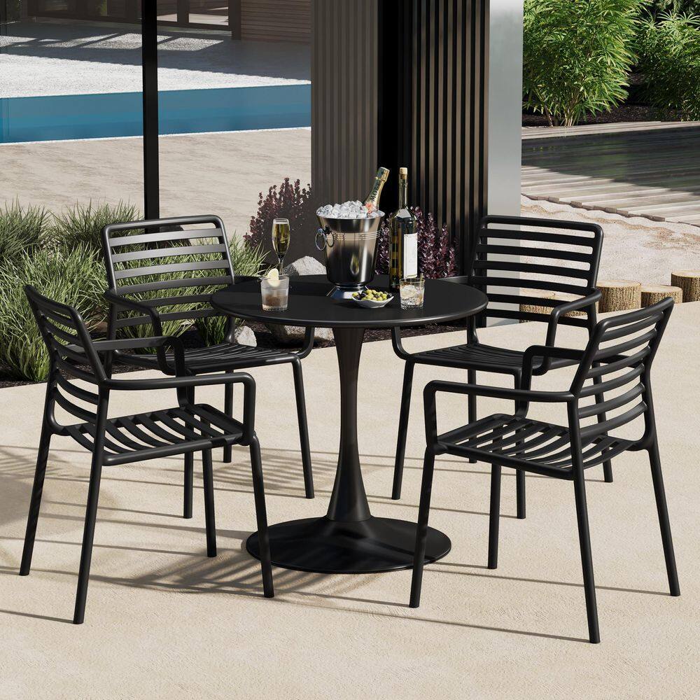 Frond and Form Outdoor Patio Modern 5-Piece Round HDPE Plastic Dining Table Set with Stackable Chairs, Black