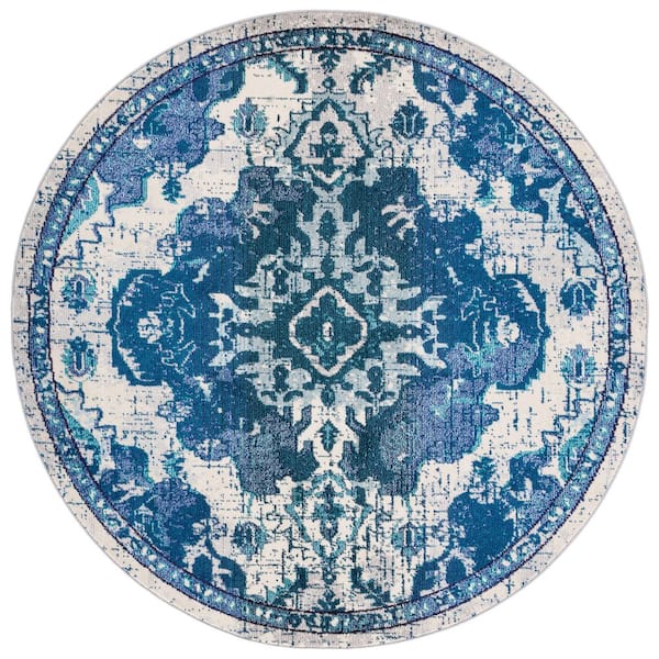 SAFAVIEH Madison Ivory/Blue 7 ft. x 7 ft. Border Floral Oriental Round Area Rug