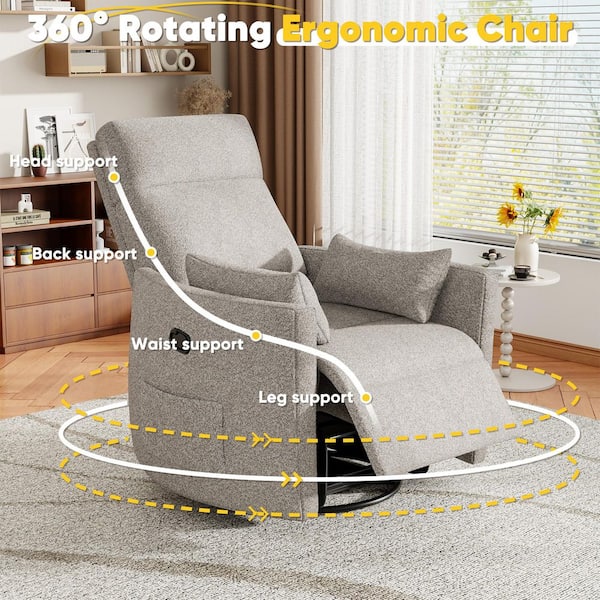 Light Gray Rocking Swivel Recliner Chair with Side Pockets and 2 Pillows, 360-Degree Swivel