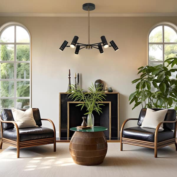 Modern 6-light Black Integrated LED Sputnik Chandelier Lighting for Dining Room, Brass Pendant Light with Cylinder Shade