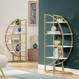 4-Tier Home Office Round Shape Gold Metal Frame, White Different Placement Ways Wood Bookcase, Etagere Bookshelf