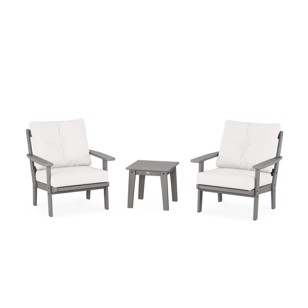 POLYWOOD Prairie 3Pcs Plastic Patio Conversation Set in Slate Grey/Natural Linen Cushions