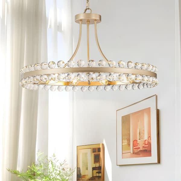 TinHon 9-Light Gold Crystal Chandeliers, 23 in. Modern Round Adjustable Height Chandelier for Dining Room Ceiling Pendant Light