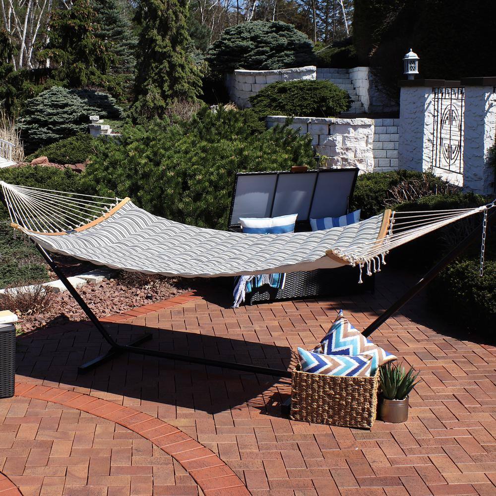 Beige Woven Polyester Hammock with Wooden Spreader Bars