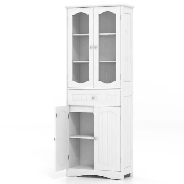 23.5 in. W x 12 in. D x 63 in. H White Linen Cabinet with 2 Glass Doors, Adjustable Shelves Drawer